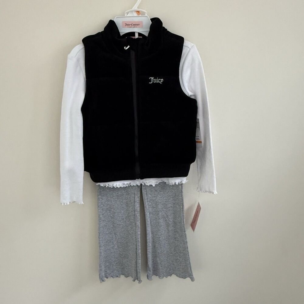 Juicy Couture 3 Piece Long Sleeve Shirt Vest & Pants Set Bling Logo NWT Girls 6X